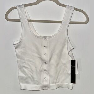 White Ribbed Tank Top with Button Detail